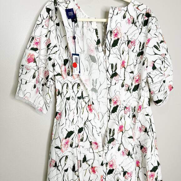 Marchesa Notte Womens Aster Printed Cotton Poplin Dress Puff Sleeve Ivory Pink 8 - Picture 9 of 12